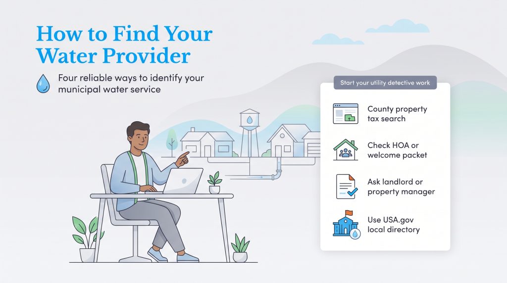 Illustration showing four reliable methods to find your local municipal water provider.