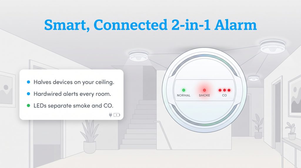 Diagram of a 2-in-1 hardwired smoke and carbon monoxide detector with LED indicator lights