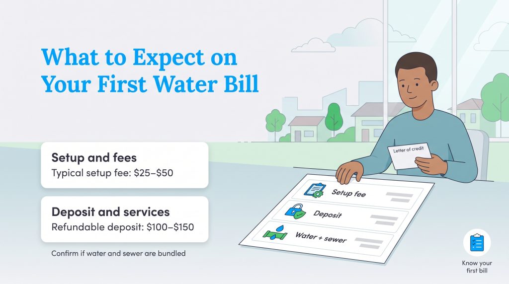Illustration showing typical setup fees and deposits for a new water utility account.
