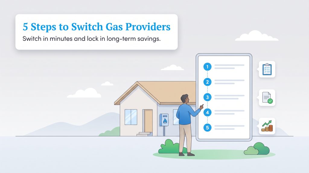 Illustration of a person reviewing five steps to switch natural gas providers outside a home.