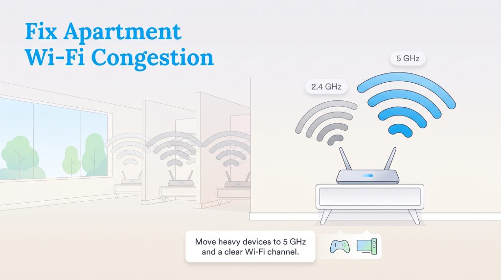 Illustration of a router using a clear 5 GHz signal to avoid congested 2.4 GHz apartment networks