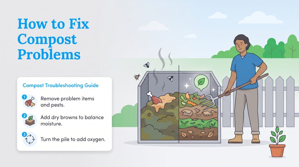 Illustration of a person turning compost with tips on how to fix common compost problems.