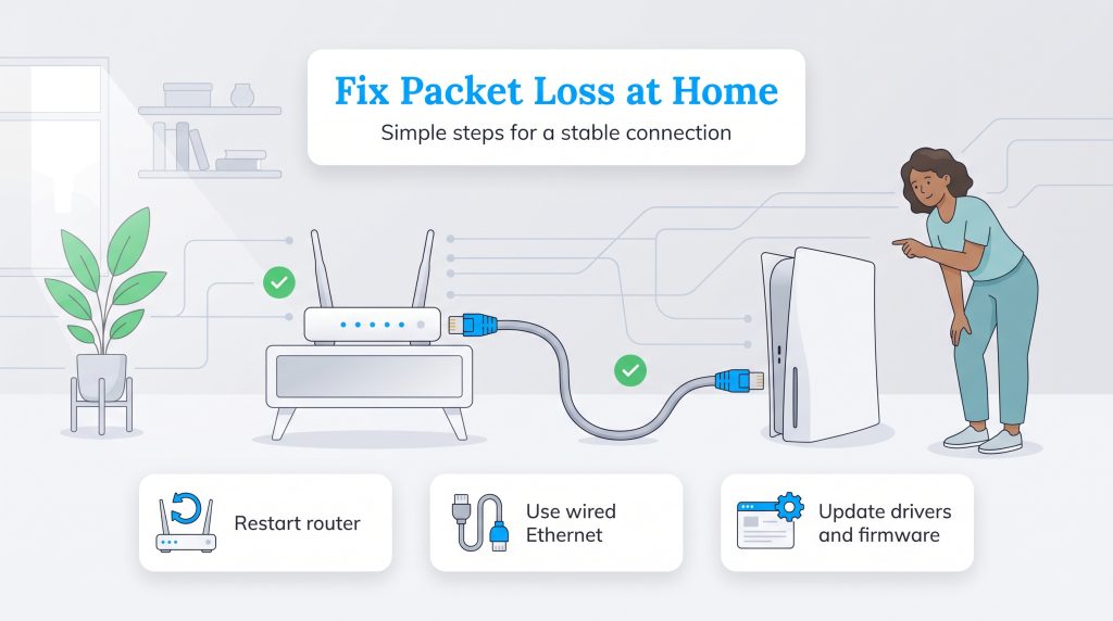 Illustration showing a router connected to a console with an Ethernet cable to fix packet loss