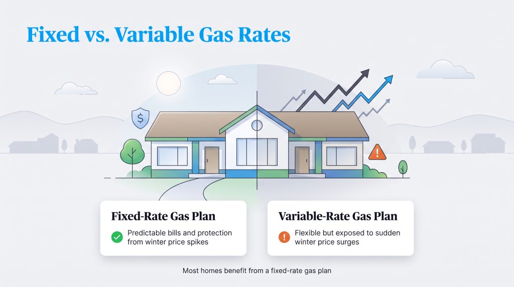 Visual comparison of stable fixed-rate gas plans versus volatile variable-rate gas plans