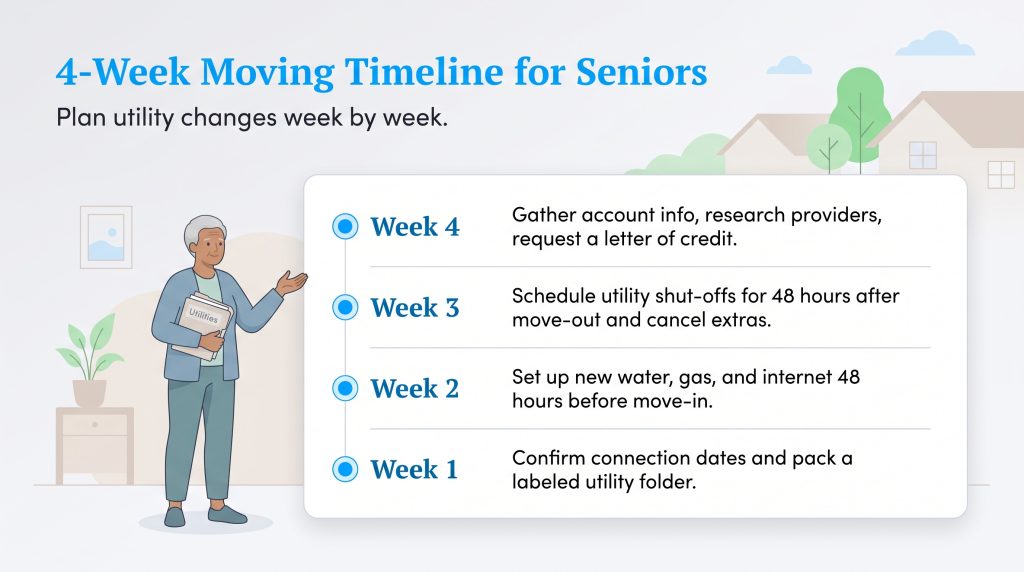 An infographic showing a week-by-week utility checklist for seniors moving to a new home.