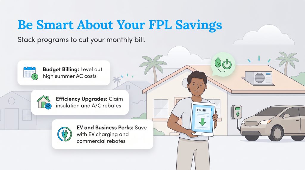 Man holding a tablet with a lowered FPL bill next to an energy efficient home