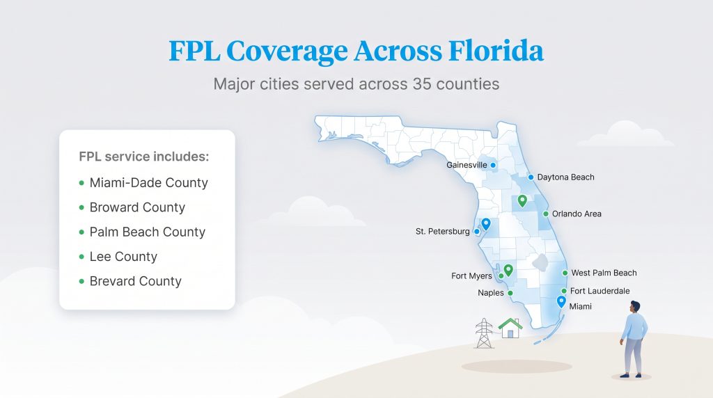 Map of Florida highlighting FPL service areas and major cities across 35 counties