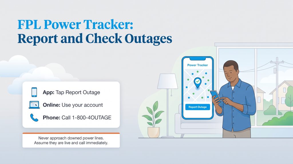 Man using FPL app to report power outages with instructions for app, online, and phone options.