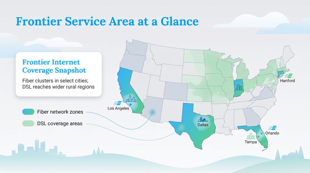 US map highlighting Frontier fiber network zones and wider DSL coverage areas