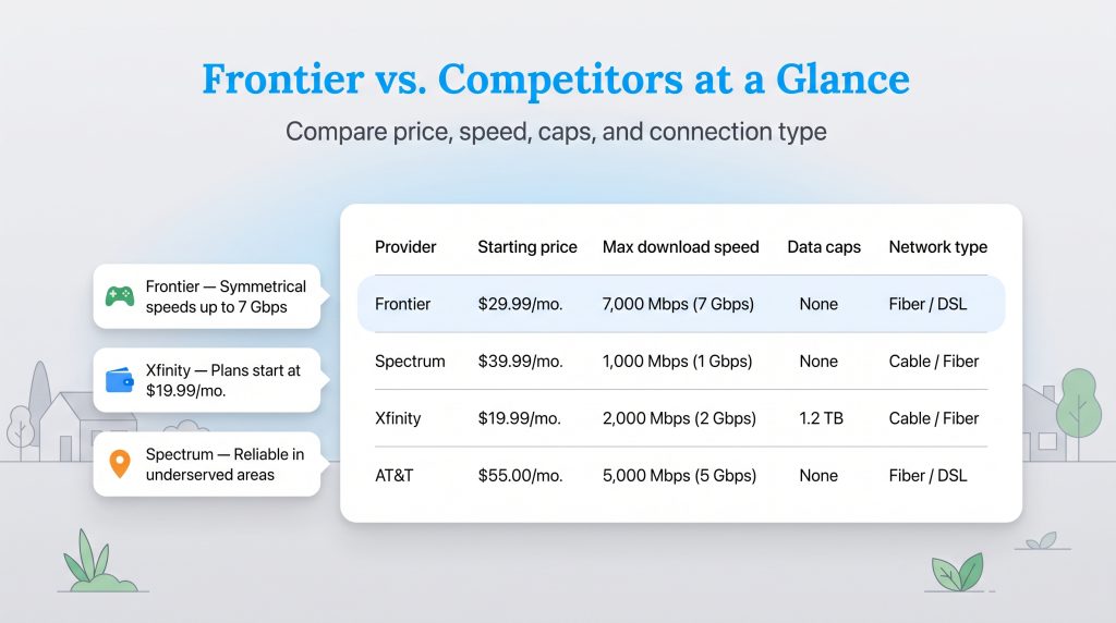 Table comparing internet plans from Frontier, Spectrum, Xfinity, and AT&T.
