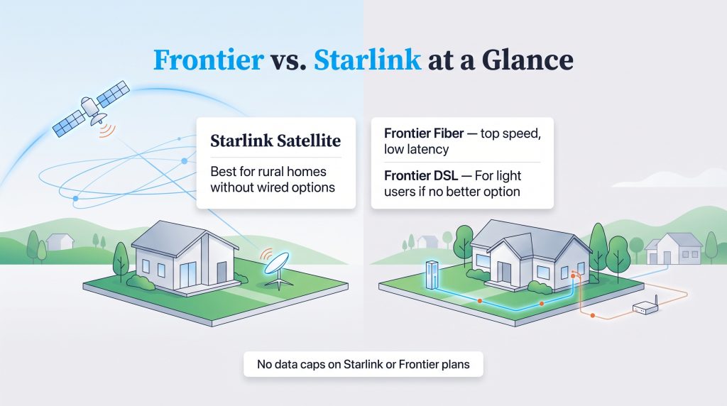 Graphic comparing Starlink satellite internet with Frontier fiber and DSL home internet options