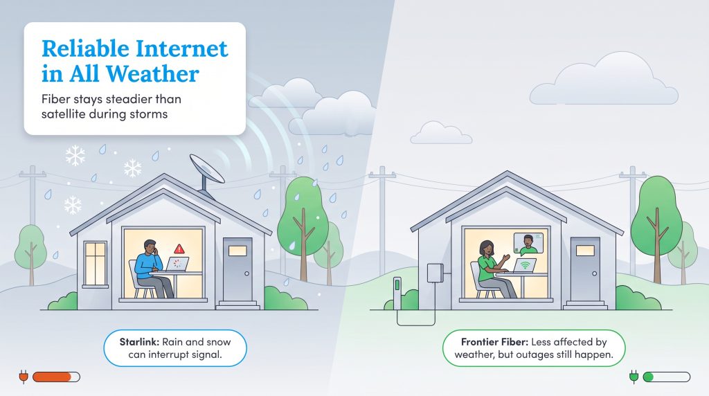 Graphic comparing Starlink and Frontier Fiber internet reliability during storms.