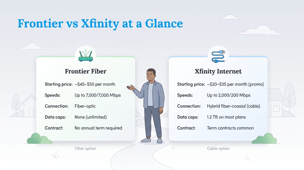 Comparison chart showing specs and pricing for Frontier Fiber and Xfinity Internet