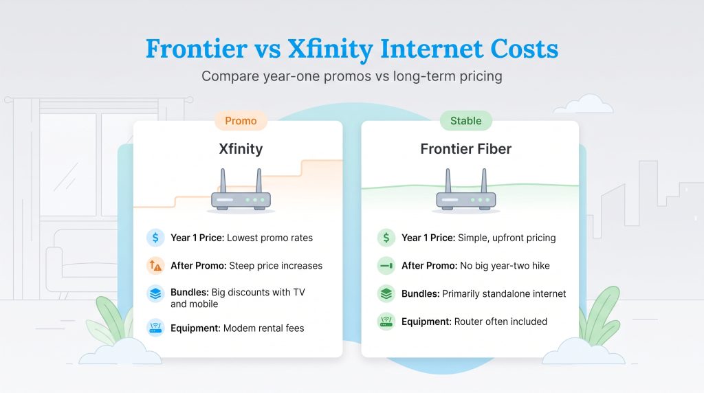 A comparison chart of Xfinity promo pricing versus Frontier Fiber stable pricing.