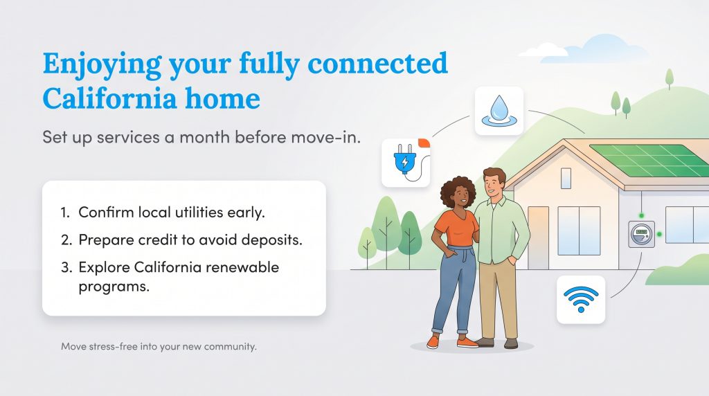 A couple standing near their solar-powered home with icons representing utilities