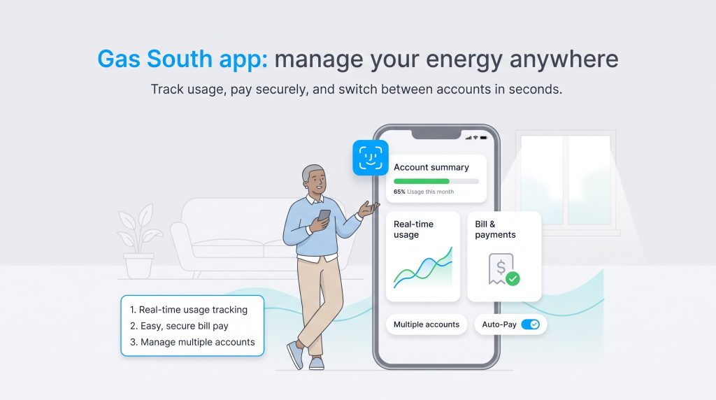 Gas South app illustration highlighting real-time usage tracking and secure bill payments
