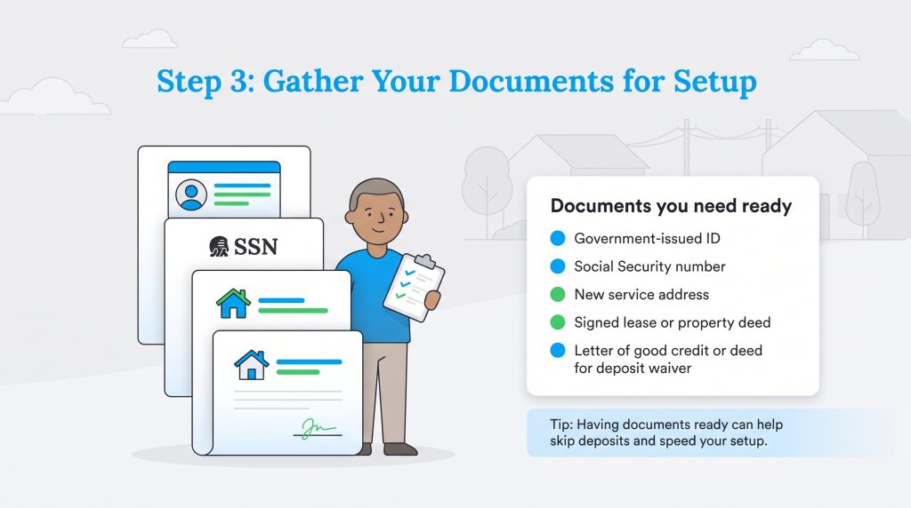 Illustration of a person with a checklist and documents required for Ohio utility setup.