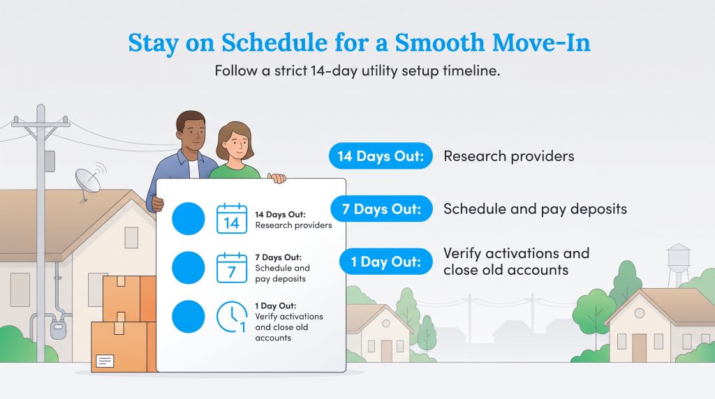 Timeline checklist for setting up utilities 14 days, 7 days, and 1 day before moving.