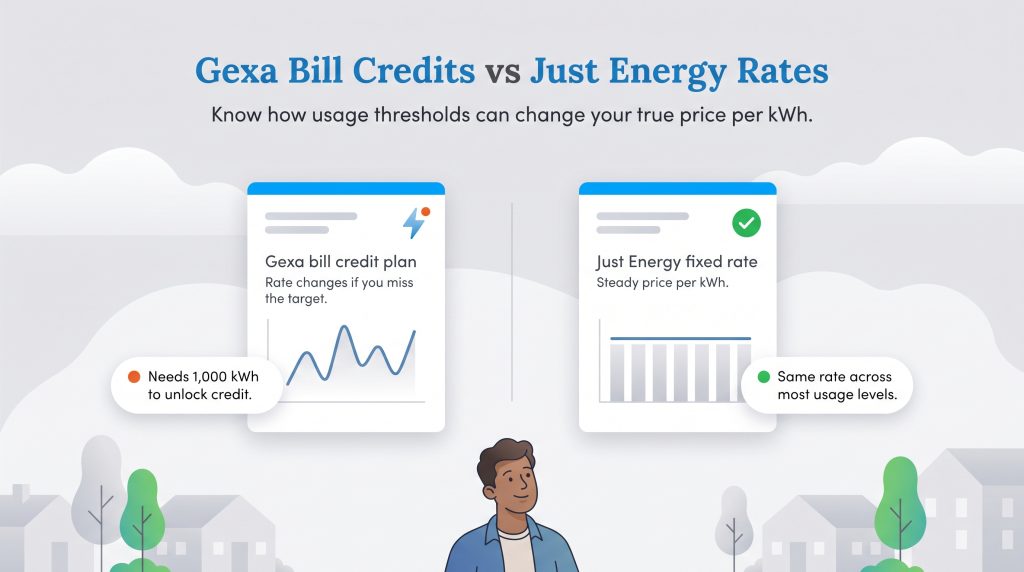 Graph comparing Gexa bill credit rate fluctuations with Just Energy steady fixed pricing