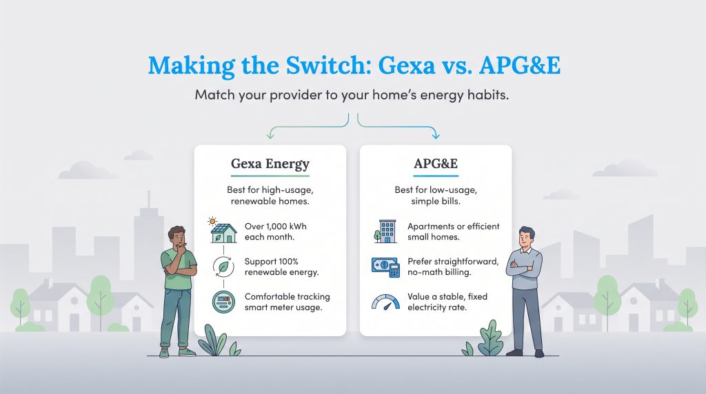 Comparison chart matching Gexa Energy and APG&E plans to home energy habits