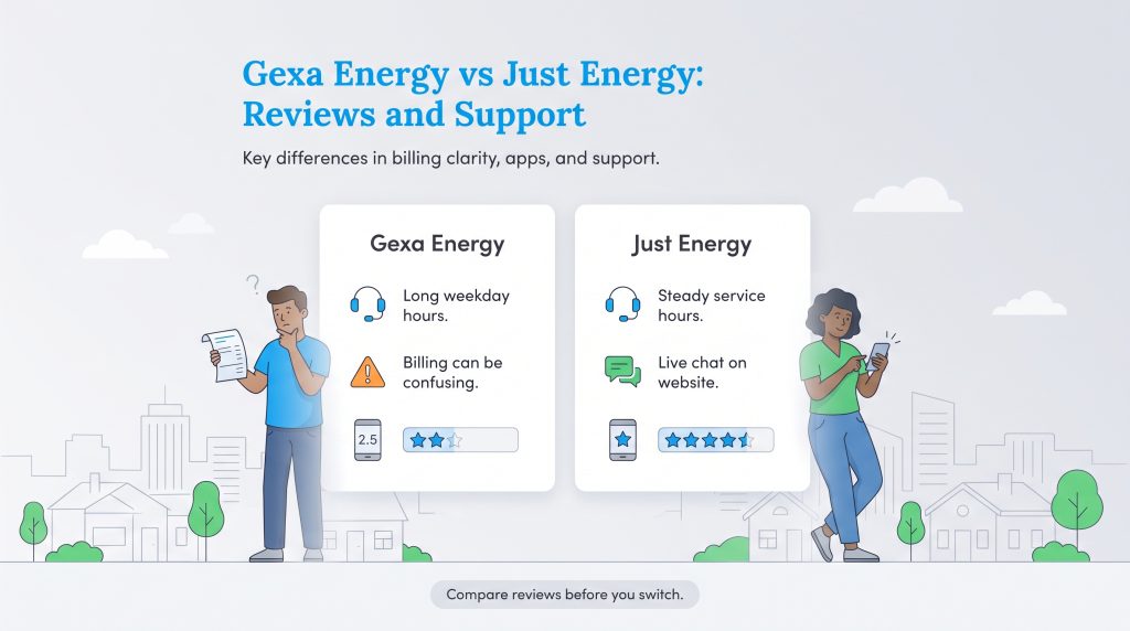 Comparison chart of Gexa Energy and Just Energy billing, support, and app ratings.