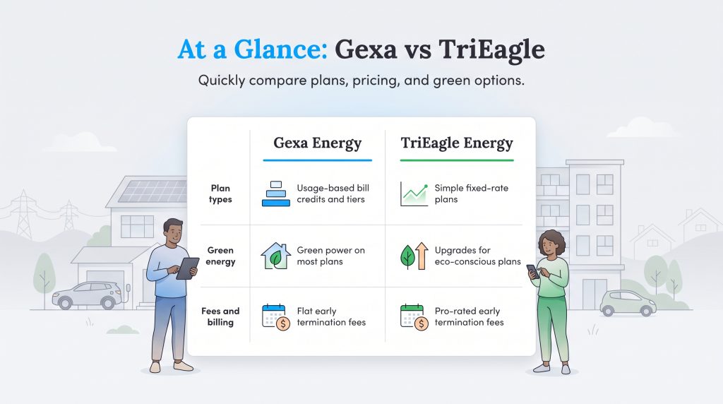 Comparison chart highlighting differences in plans green options and fees for Gexa and TriEagle