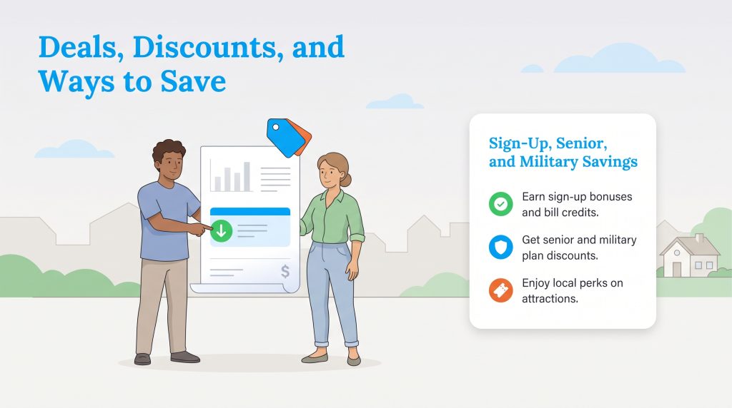 Two people looking at a bill showcasing sign-up, senior, and military savings options