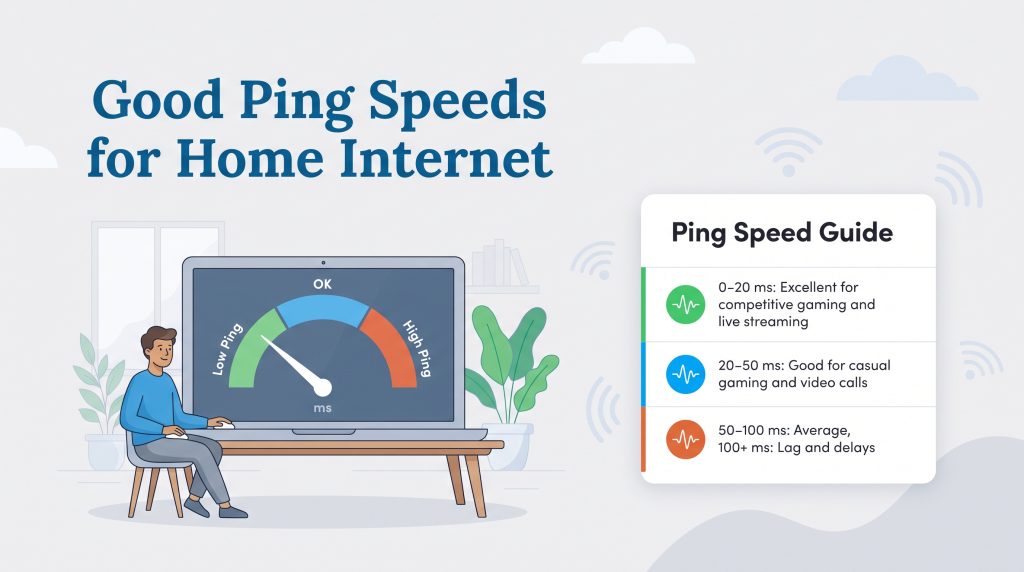 Guide displaying good ping speeds in milliseconds for various online activities.