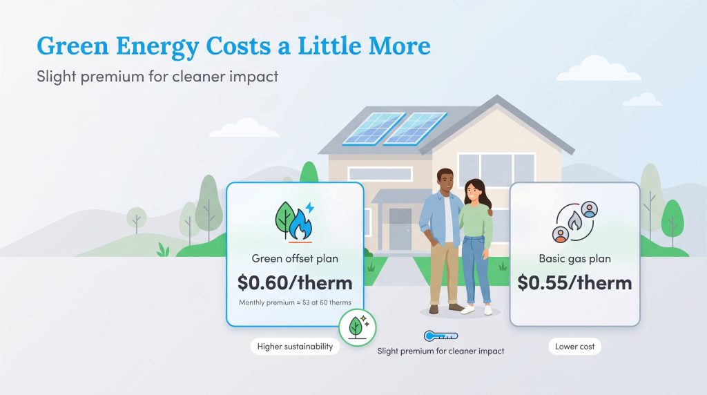 Comparison of a green offset plan at 0.60 per therm and a basic gas plan at 0.55 per therm.