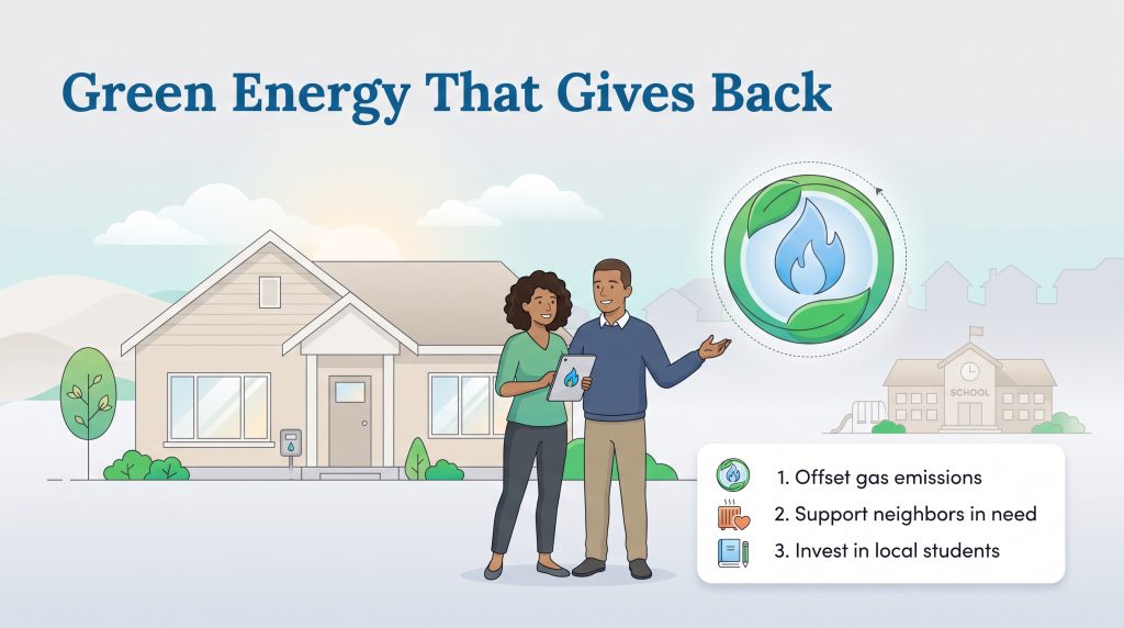 Couple standing by a home with a checklist of green energy and community initiatives.