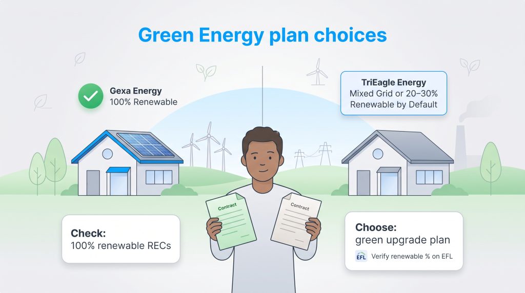 Comparison of Gexa and TriEagle renewable energy plans with a person holding contracts.