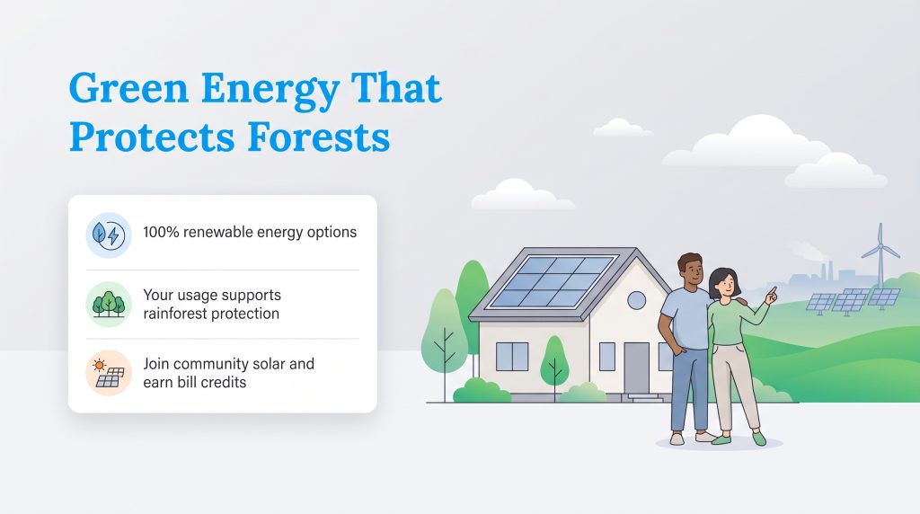 Couple by a solar house pointing to wind turbines and solar panels in a green landscape
