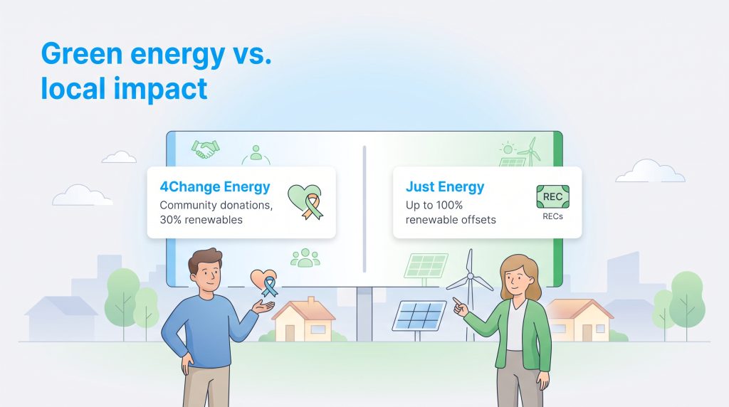 Comparison of 4Change Energy community plans and Just Energy 100 percent renewable offsets