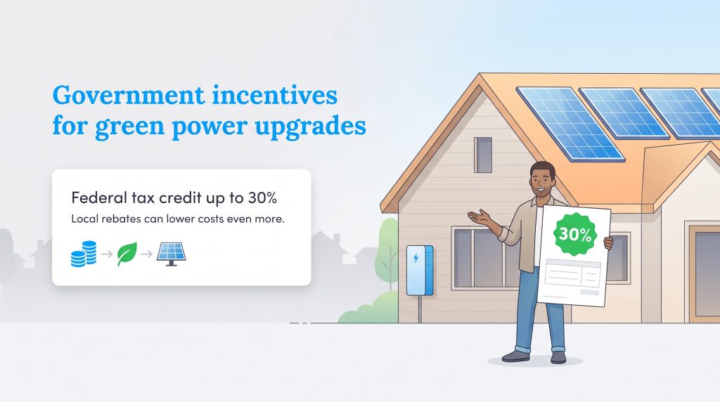 Illustration of a man holding a 30 percent tax credit sign next to a house with solar panels.