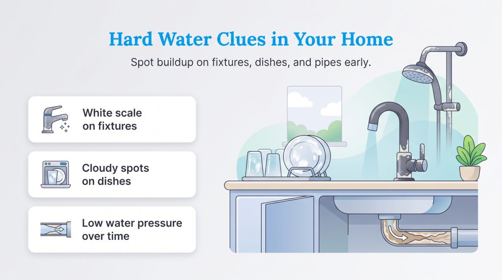 Illustration of hard water signs like white scale on faucets, cloudy dishes, and clogged pipes.