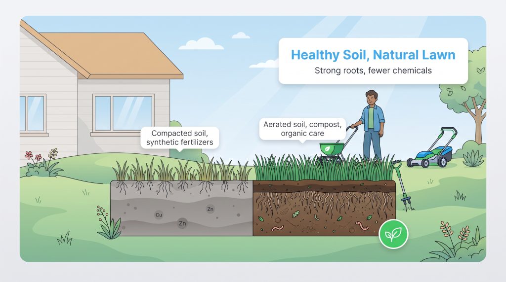 Comparison of thin grass on chemical soil versus thick grass on aerated organic soil