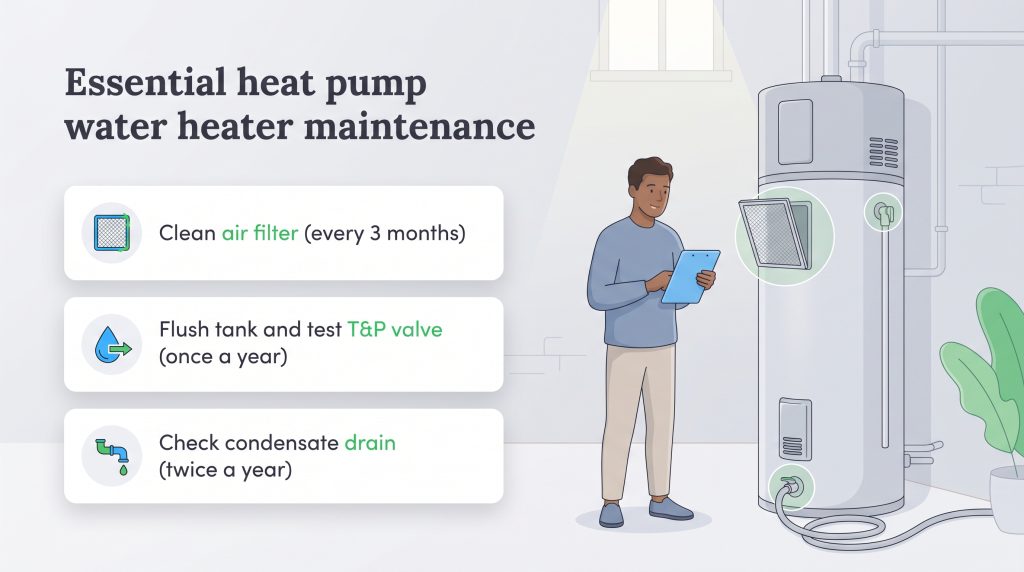 Checklist for heat pump water heater maintenance with quarterly, biannual, and annual tasks.