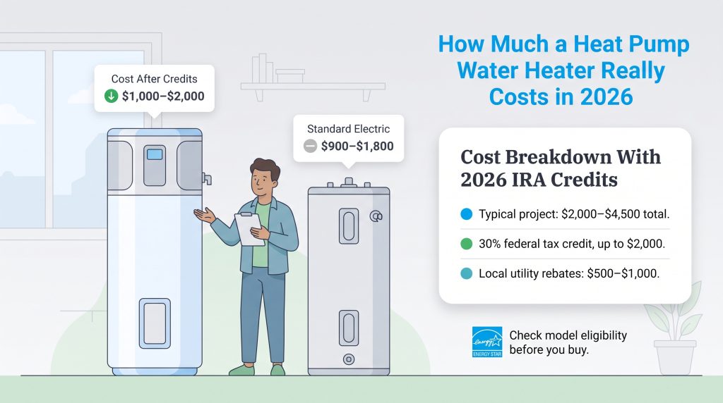 Comparison of standard electric and heat pump water heater costs with 2026 IRA tax credits.