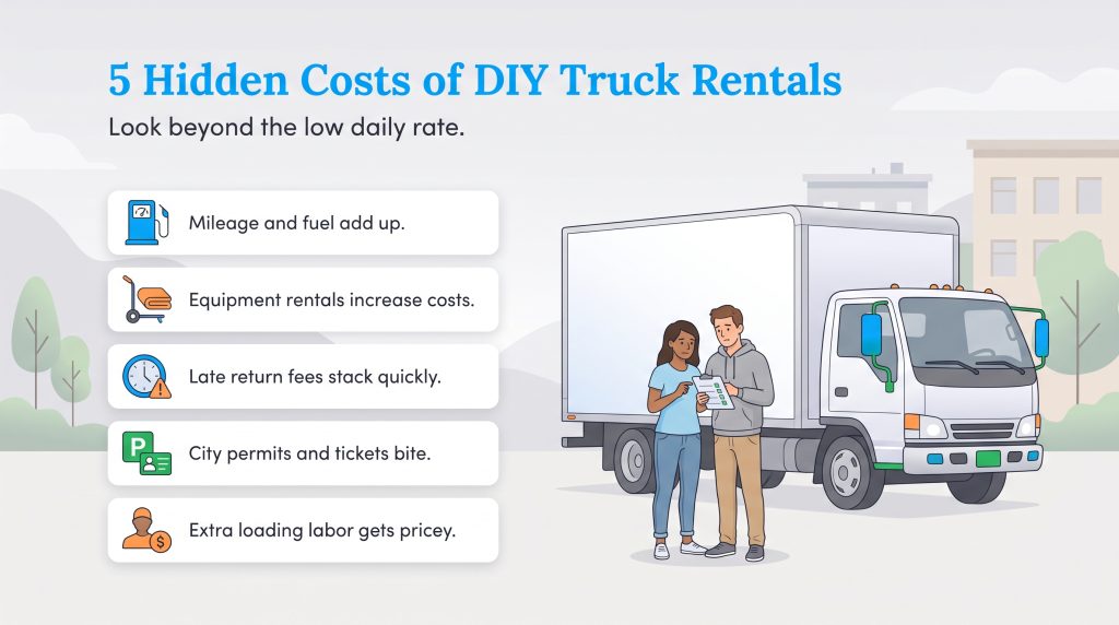 Graphic showing five hidden costs of renting a DIY moving truck