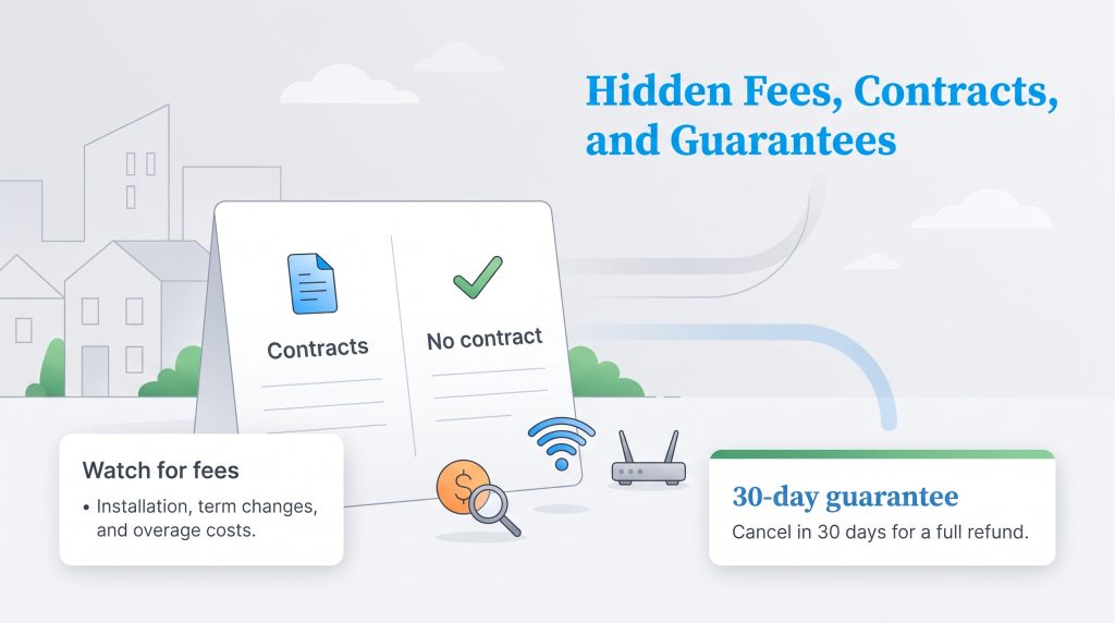 Illustration comparing contract and no-contract plans with details on fees and guarantees
