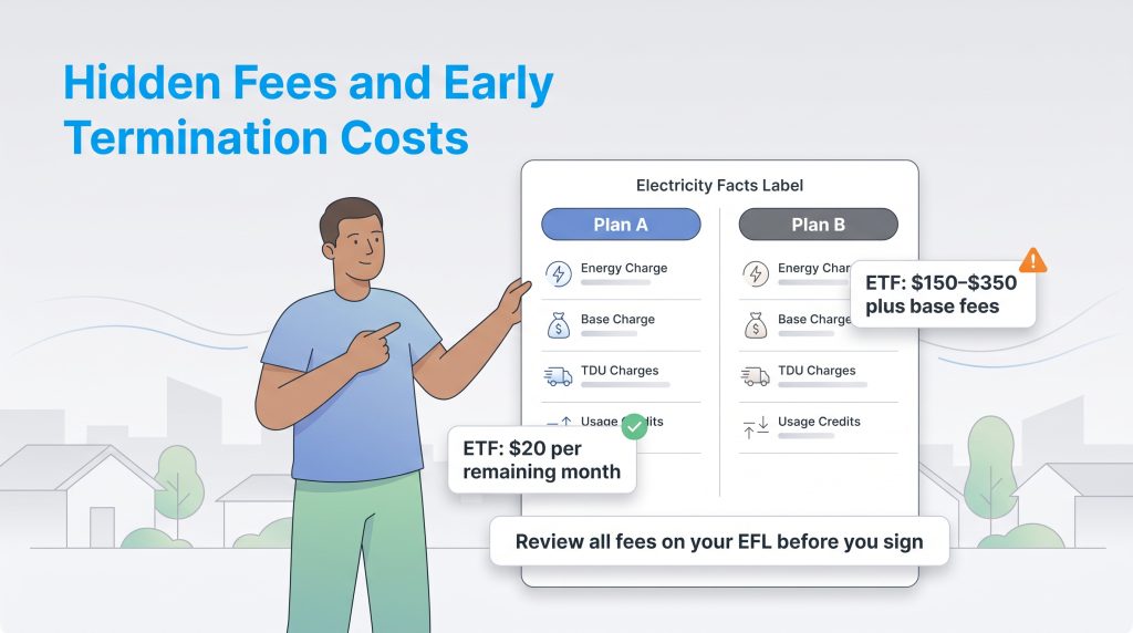 Comparison of plan early termination fees on an Electricity Facts Label.