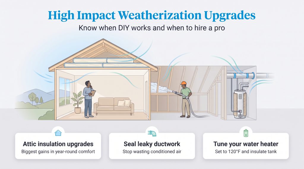 Illustration showing key home weatherization upgrades like attic insulation and duct sealing
