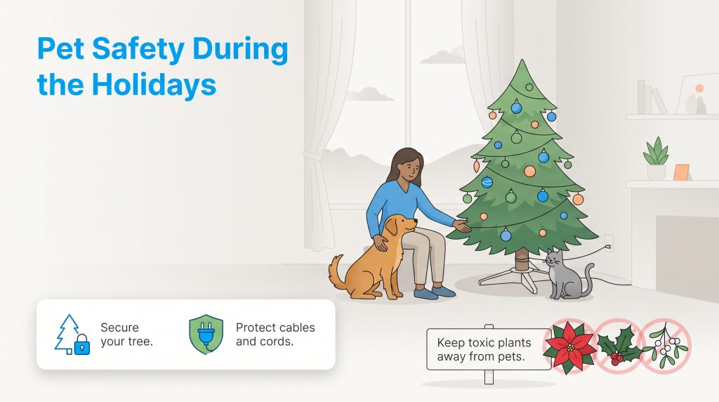 Graphic with tips on holiday pet safety, featuring a woman, dog, cat, and Christmas tree.