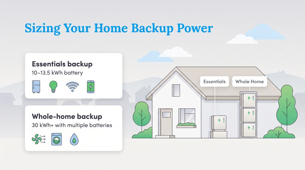 Diagram comparing essentials backup 10-13.5 kWh to whole-home backup 30 kWh plus for a house.
