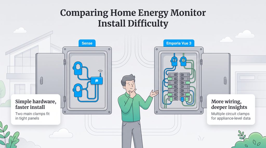 Graphic comparing Sense and Emporia Vue 3 home energy monitor installations.