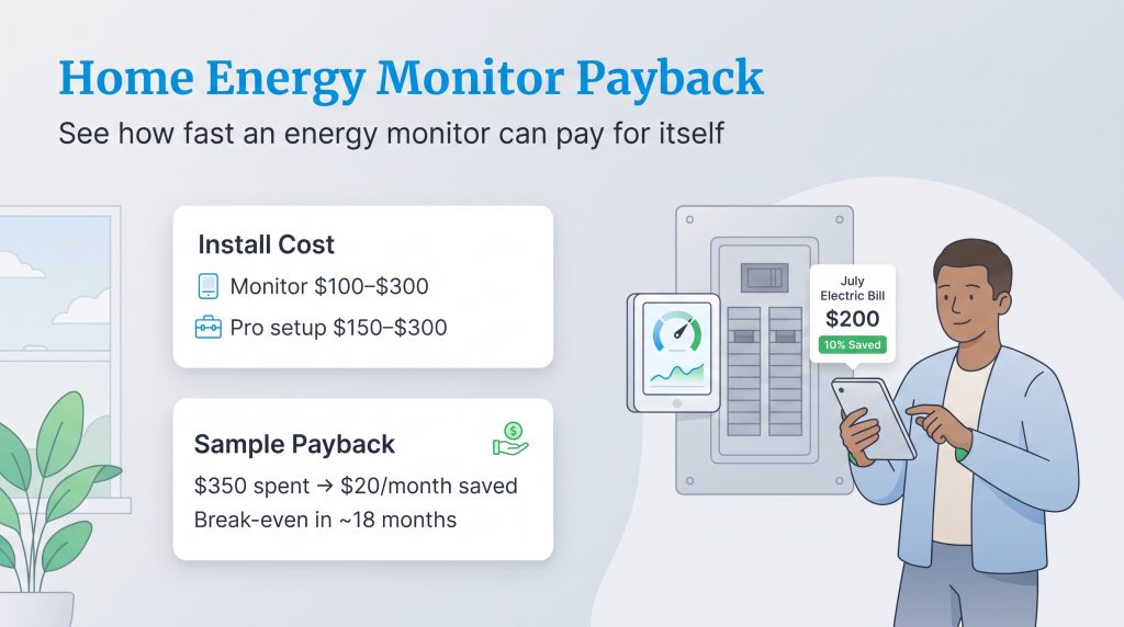 Graphic showing home energy monitor costs and an 18-month break-even payback example.