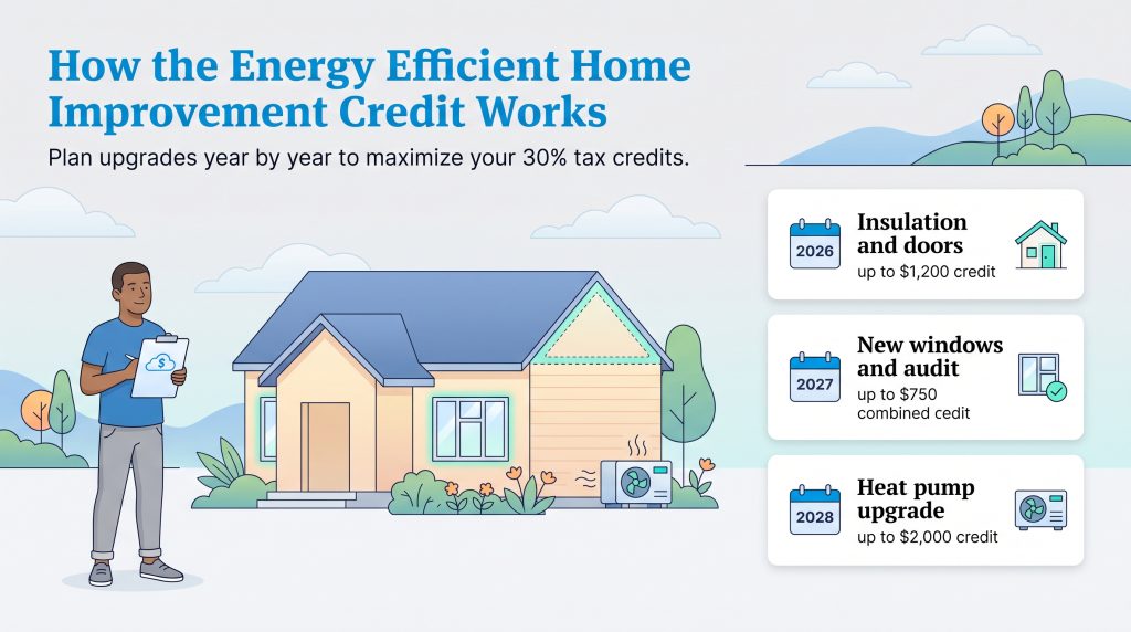 An illustration showing how to phase home energy upgrades over three years for tax credits