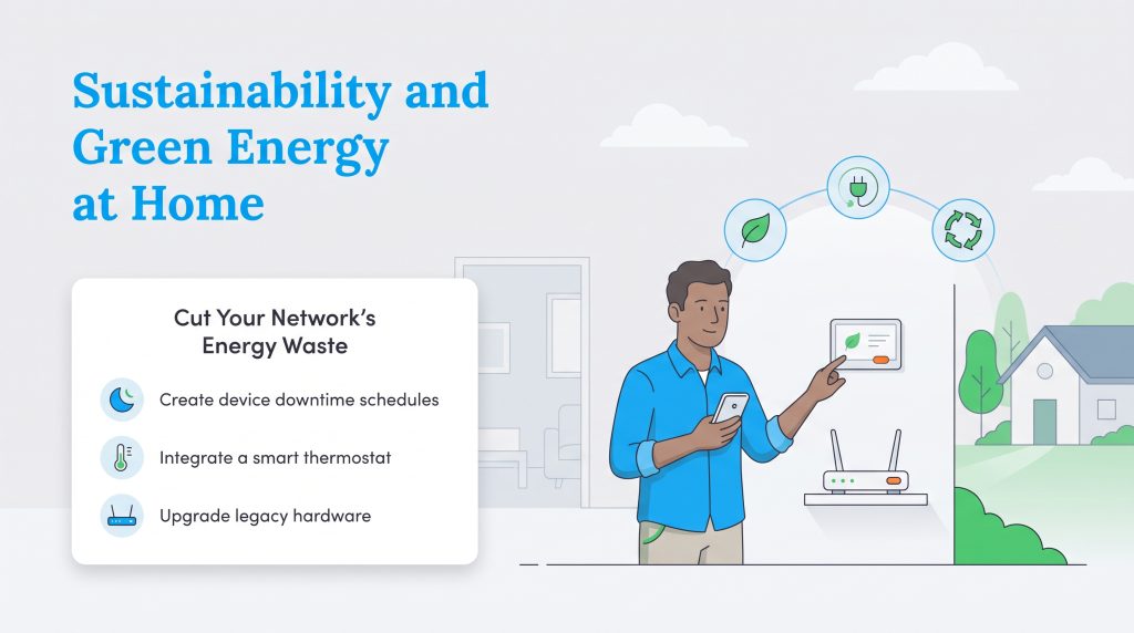 Illustration of a man managing home energy waste using a smart thermostat and phone