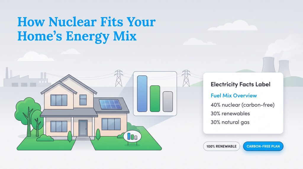 Illustration of a house next to an electricity facts label detailing a carbon-free fuel mix