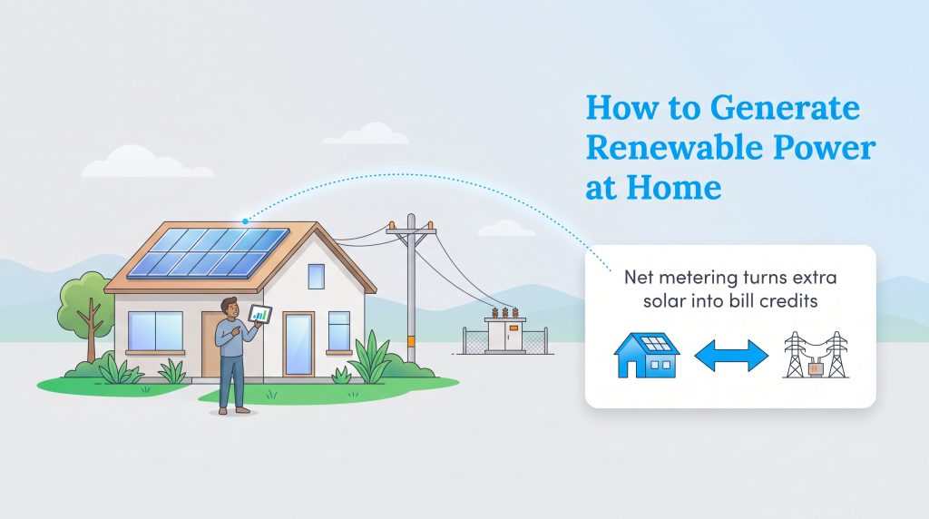 A house with solar panels connected to the power grid, illustrating net metering.